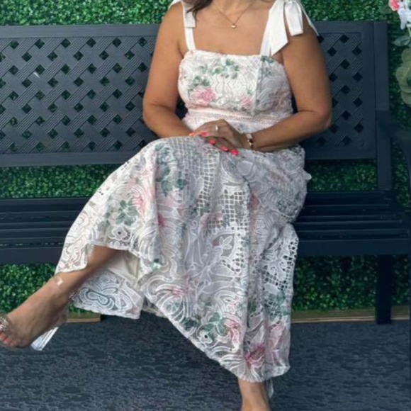 Boho Floral Print Lace Shoulder Tie High Waisted Midi Dress - Picture 2 of 7